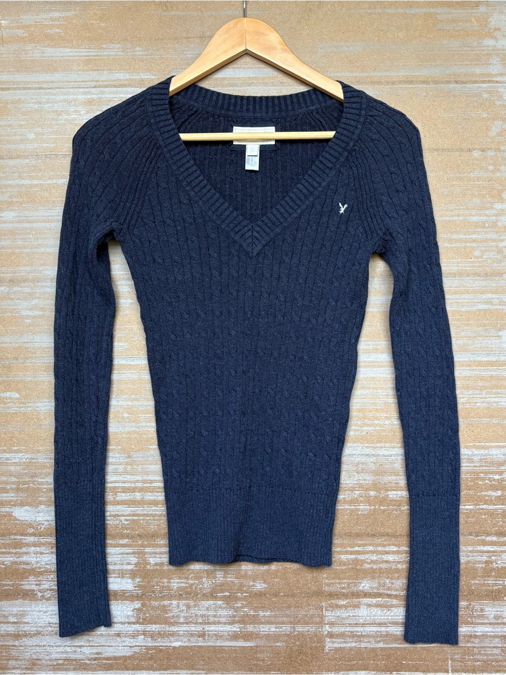 Vintage American Eagle V Neck Sweater Y2K Elena Gilbert Navy Logo Womens M